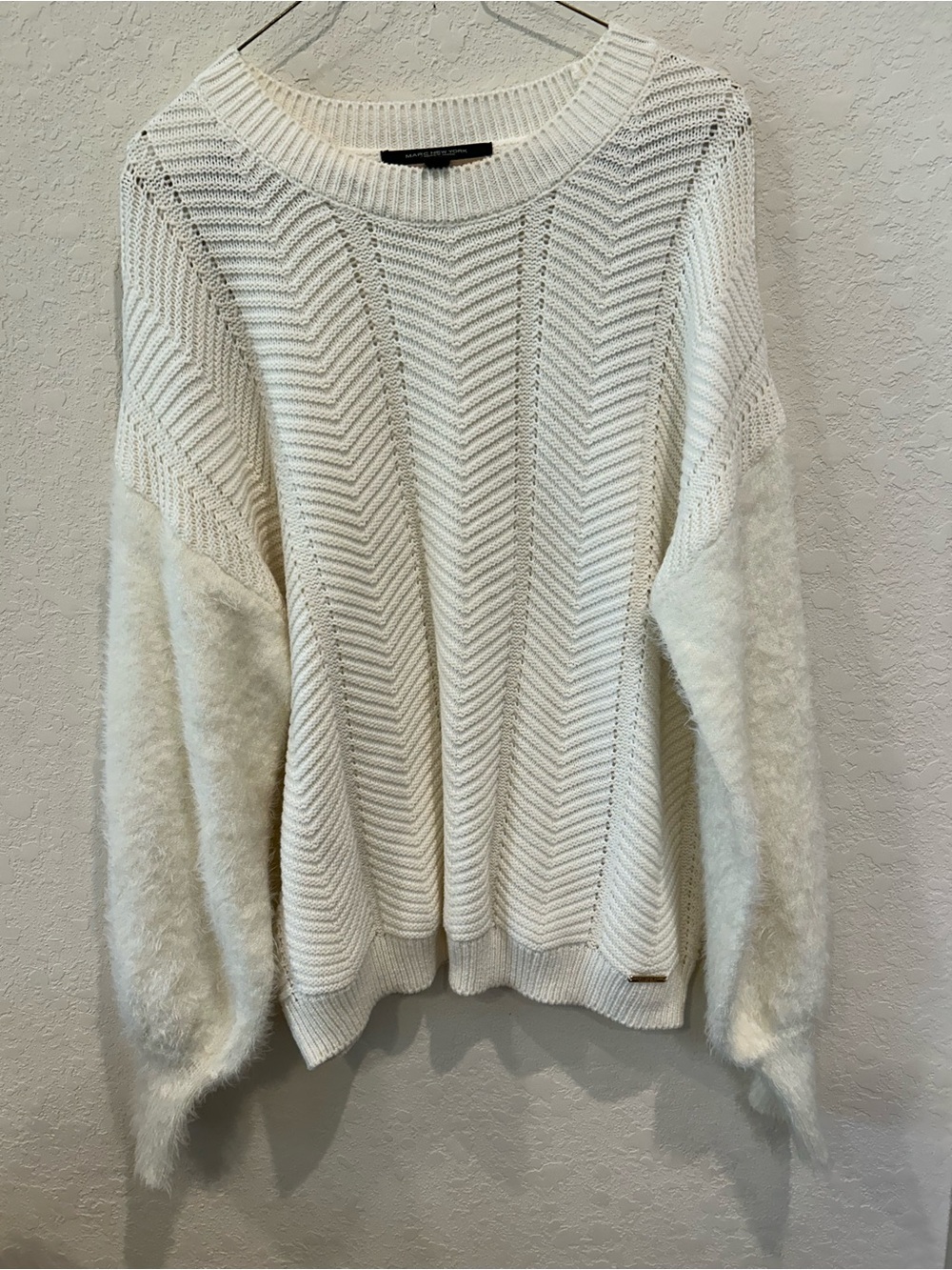 Marc Jacobs Ivory Chevron Knit Sweater with Fuzzy Sleeves